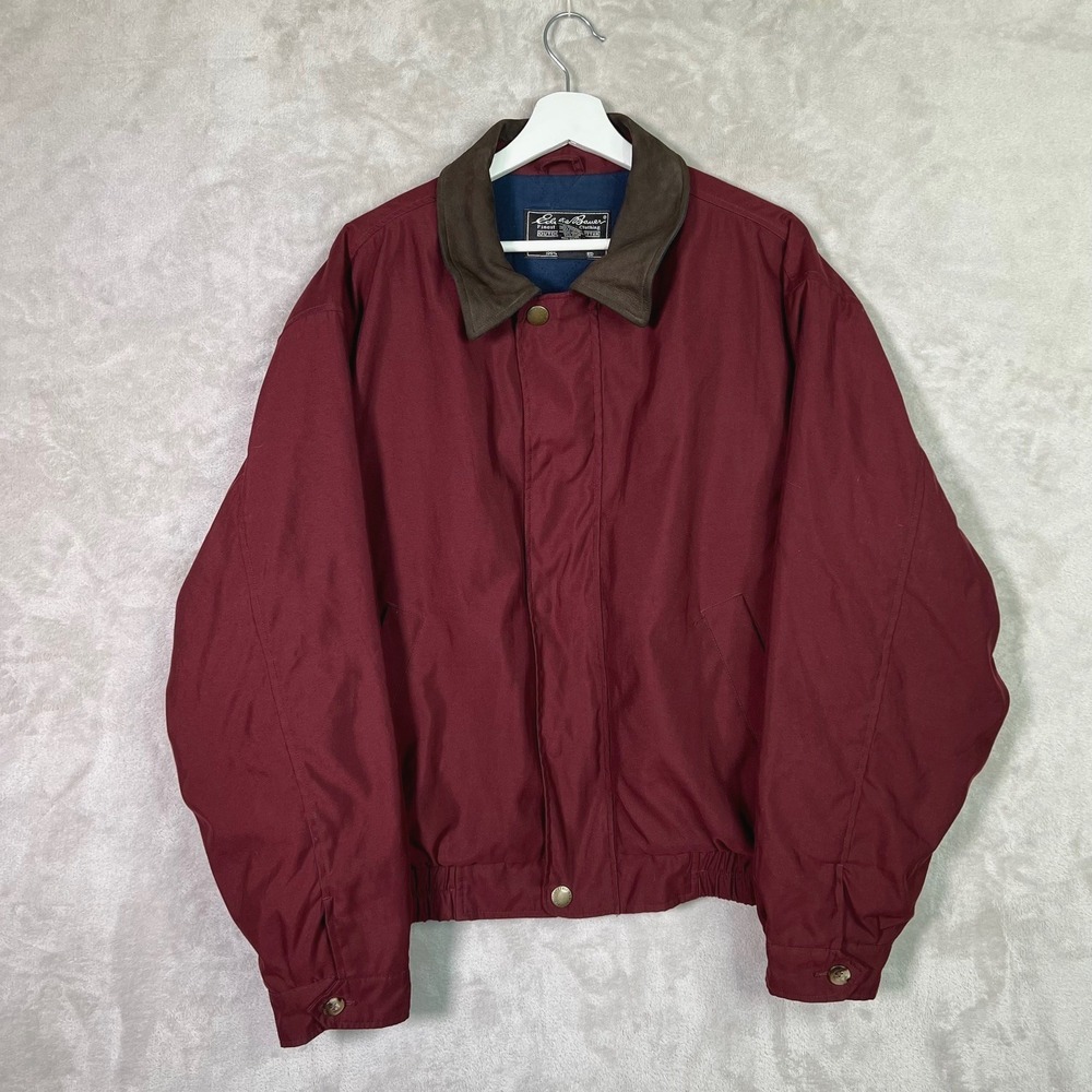 Vintage Eddie Bauer Bomber Jacket Mens L Red Lined Leather Collar Full Zip